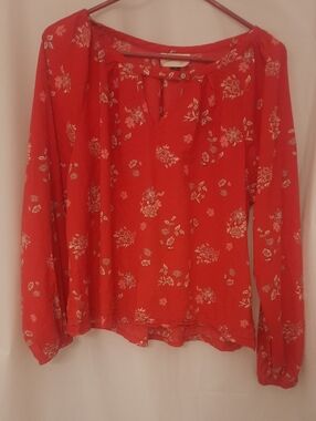 Red Floral Long-Sleeve Women's Peasant Blouse